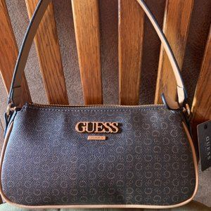 GUESS BROWN MONOGRAM BAGUETTE SHOULDER BAG